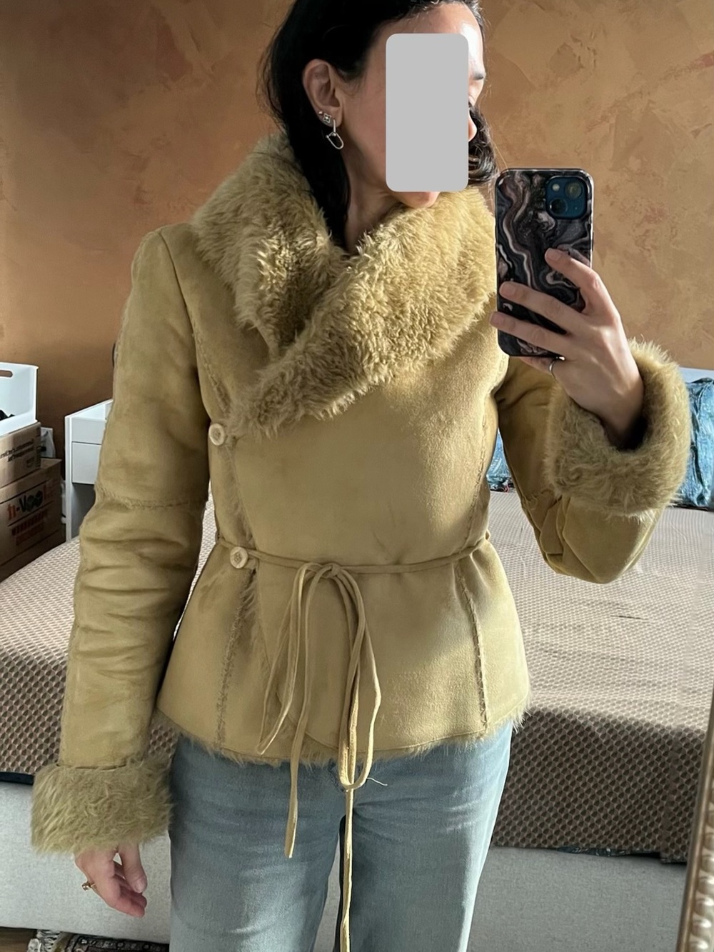 Benetton Light Tan Faux Shearling/Suede Tie-Waist winter jacket